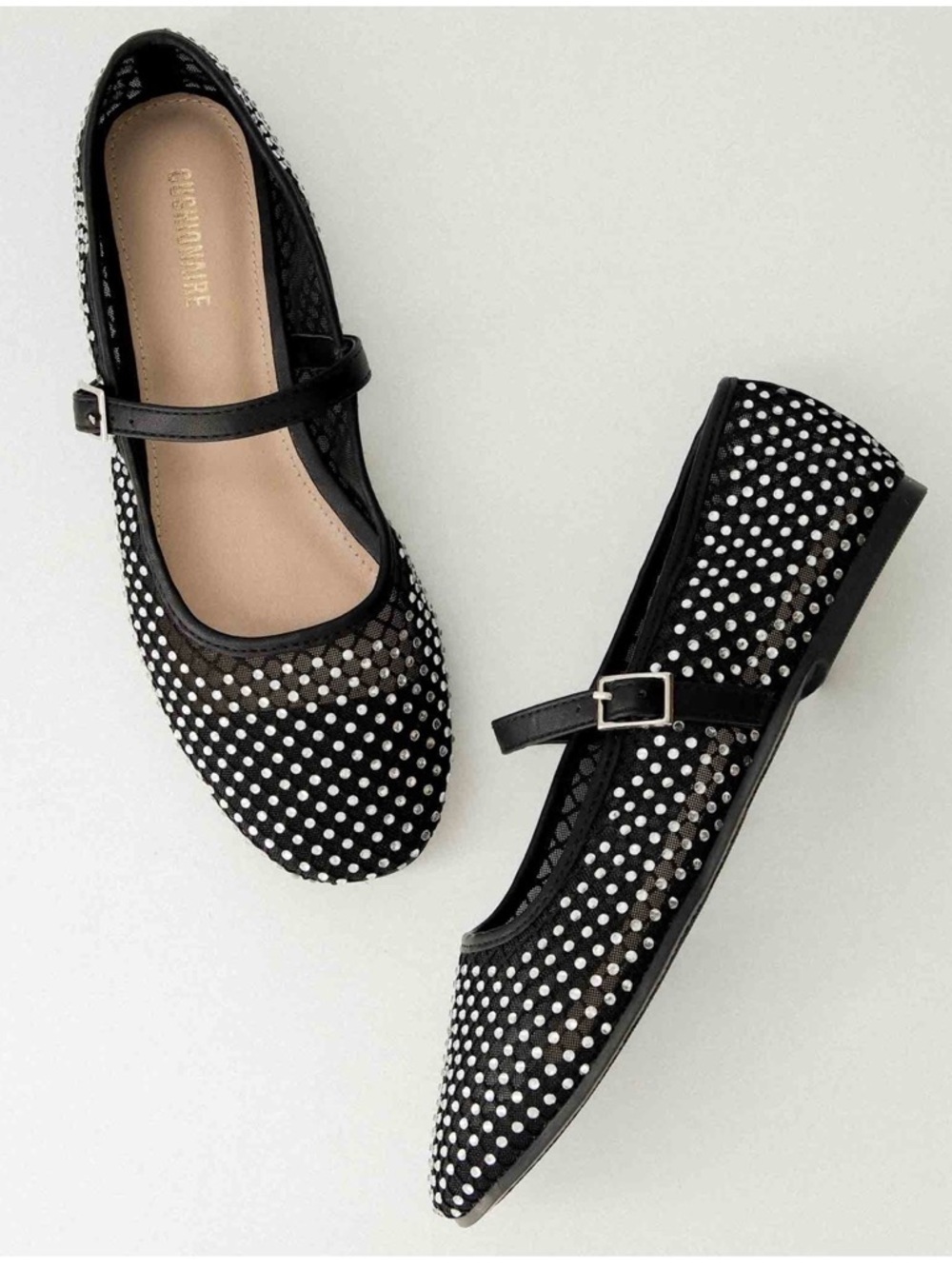 Black Polka Dot Mary Jane Flats with Stud Detail - cushionaire